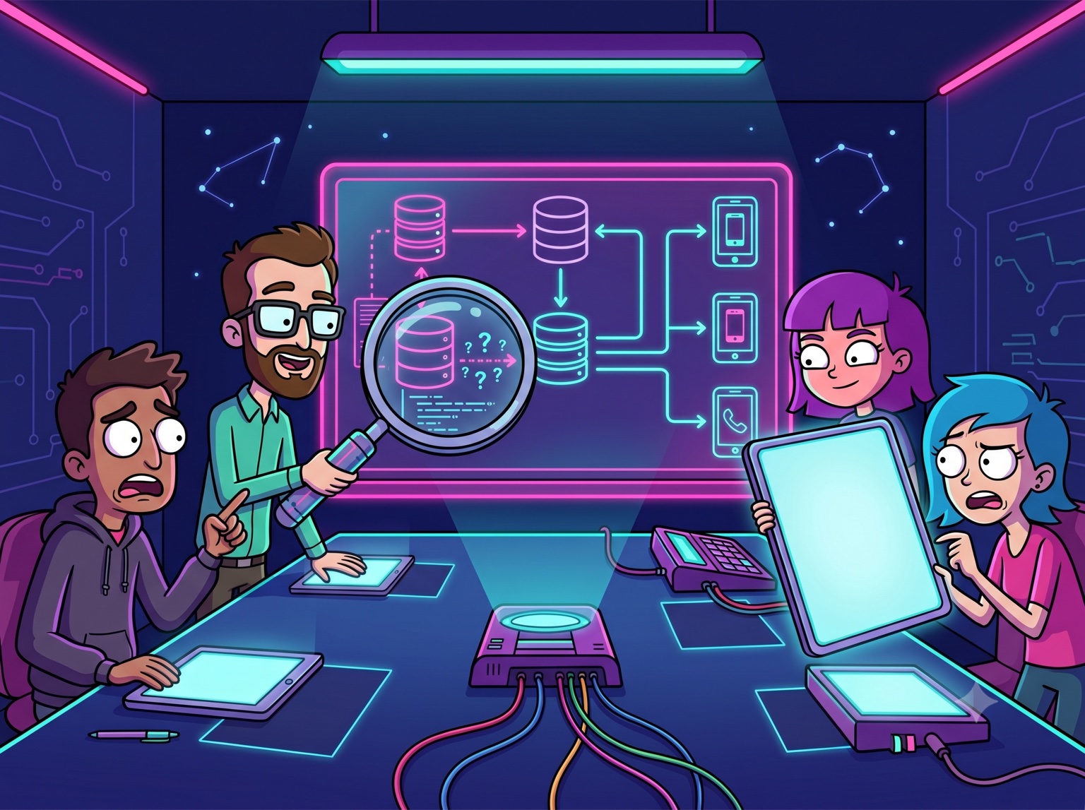 A product development team reviewing system architecture